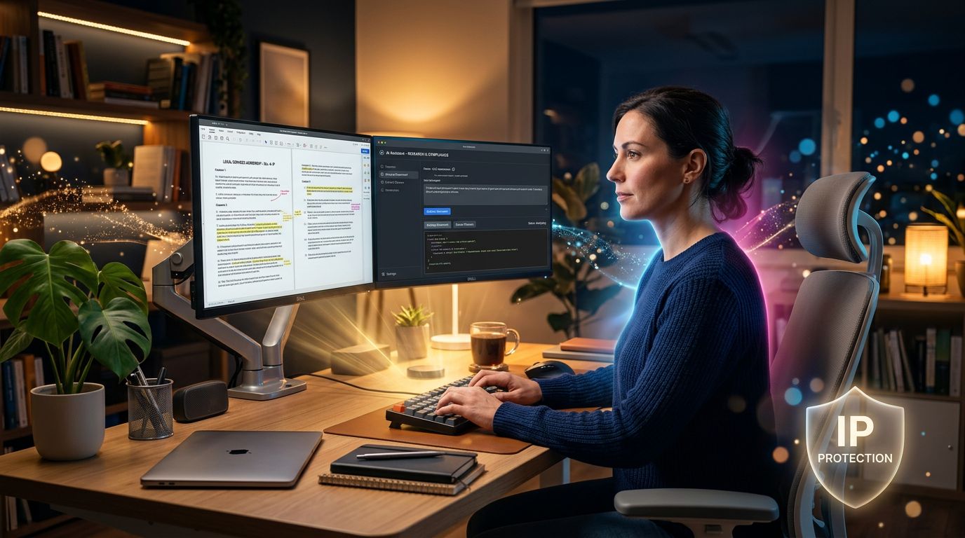 A freelancer analyzing their intellectual property rights with an AI interface on their screen