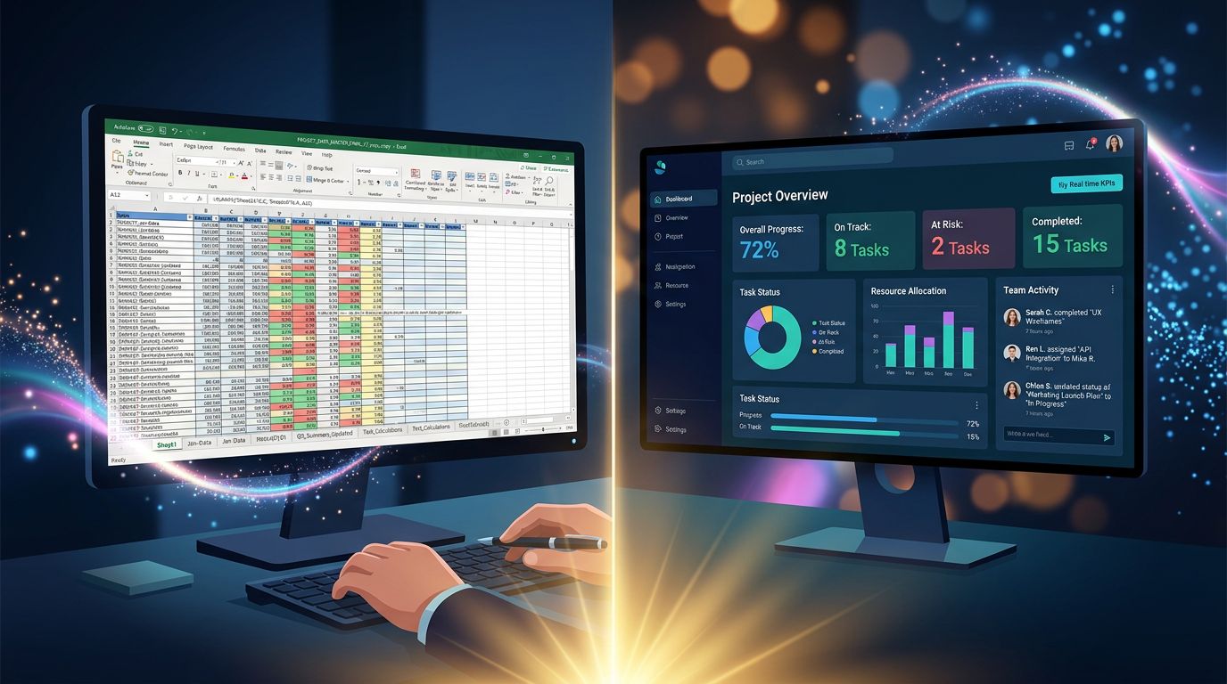 Comparaison entre un tableau de bord Excel complexe et un outil de gestion de projet moderne avec KPIs en temps réel