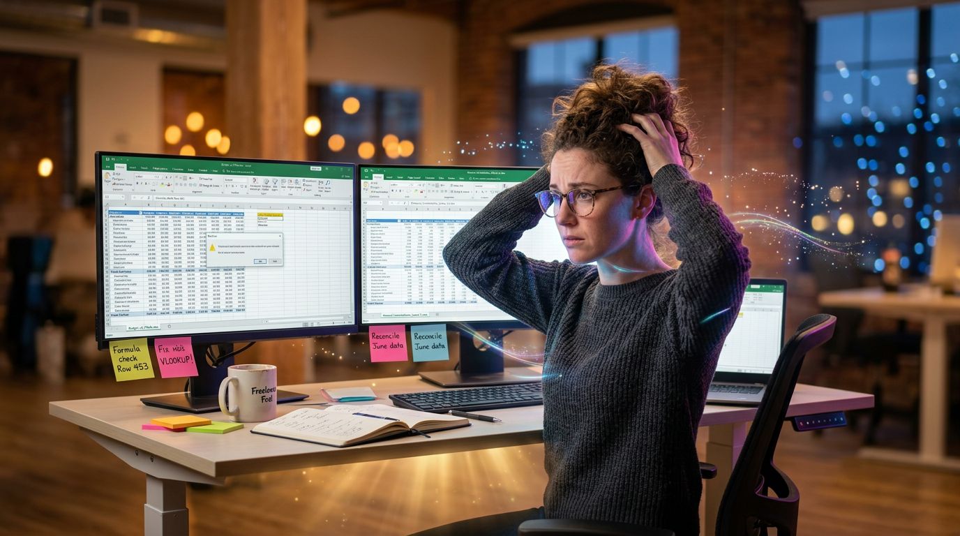 Un freelance submergé par la maintenance manuelle de ses tableaux de bord Excel, illustrant le coût caché en temps