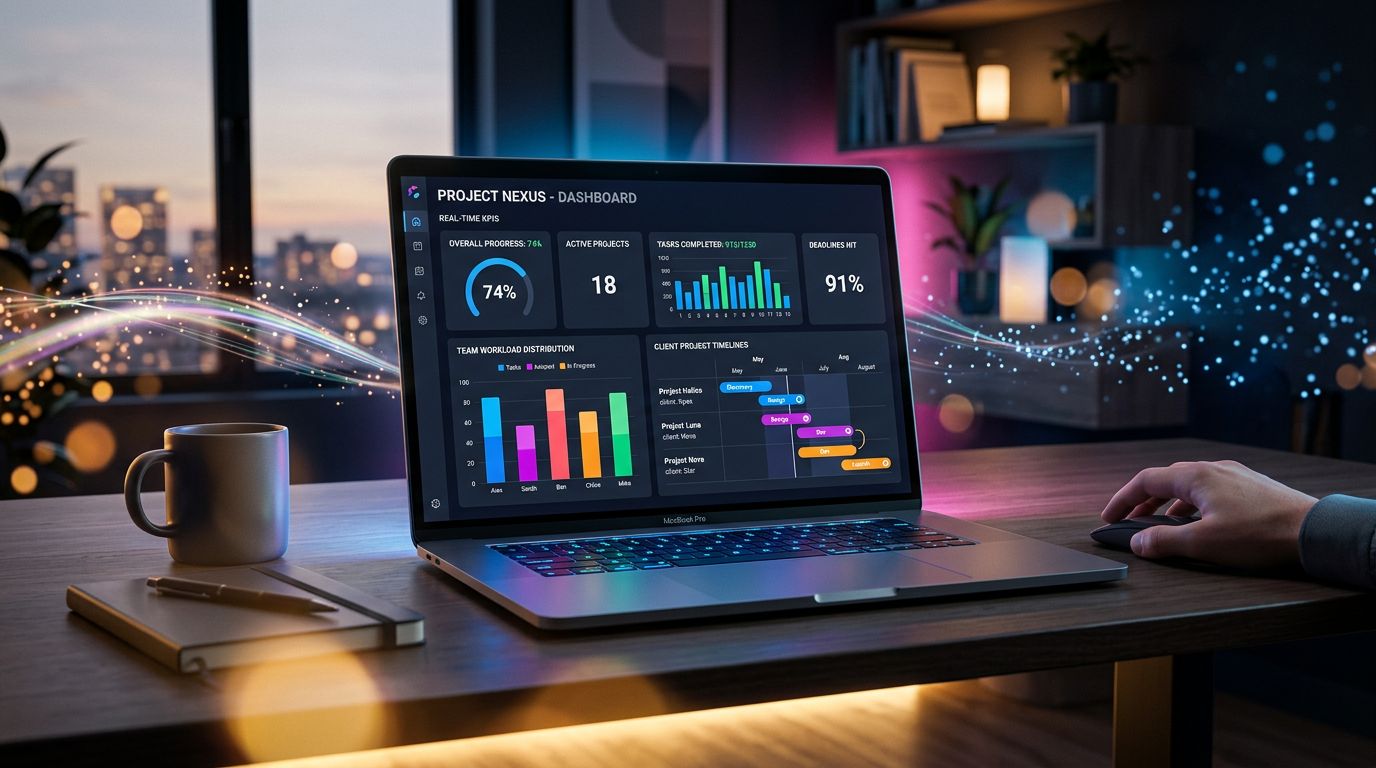 Tableau de bord de gestion de projet moderne avec KPIs en temps réel, suivi des tâches et répartition de charge équipe