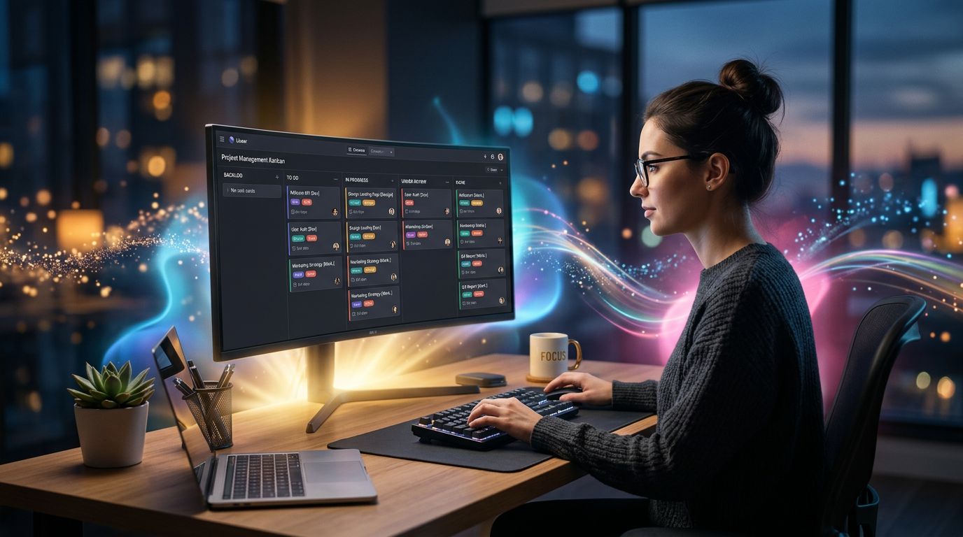 Bureau organisé avec tableau kanban digital structuré et workflow projet visible à l'écran