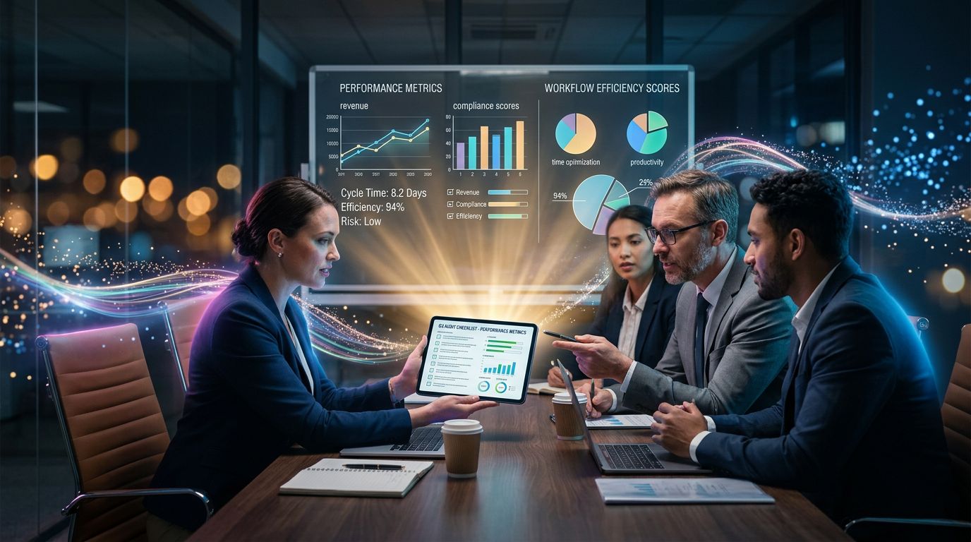 Équipe analysant une checklist d'audit projet avec métriques de performance affichées