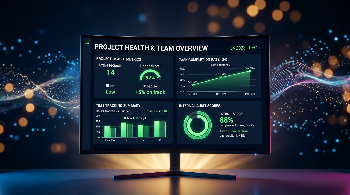 Dashboard de productivité projet avec métriques d'audit, suivi du temps et indicateurs de performance