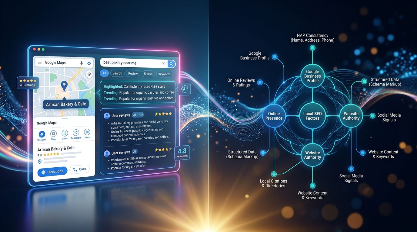 AI-powered local search interface with structured SEO signals and customer reviews