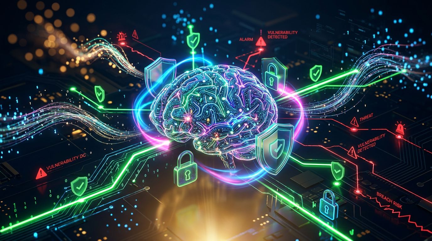 Secured AI infrastructure with identified vulnerability points and active protection shields