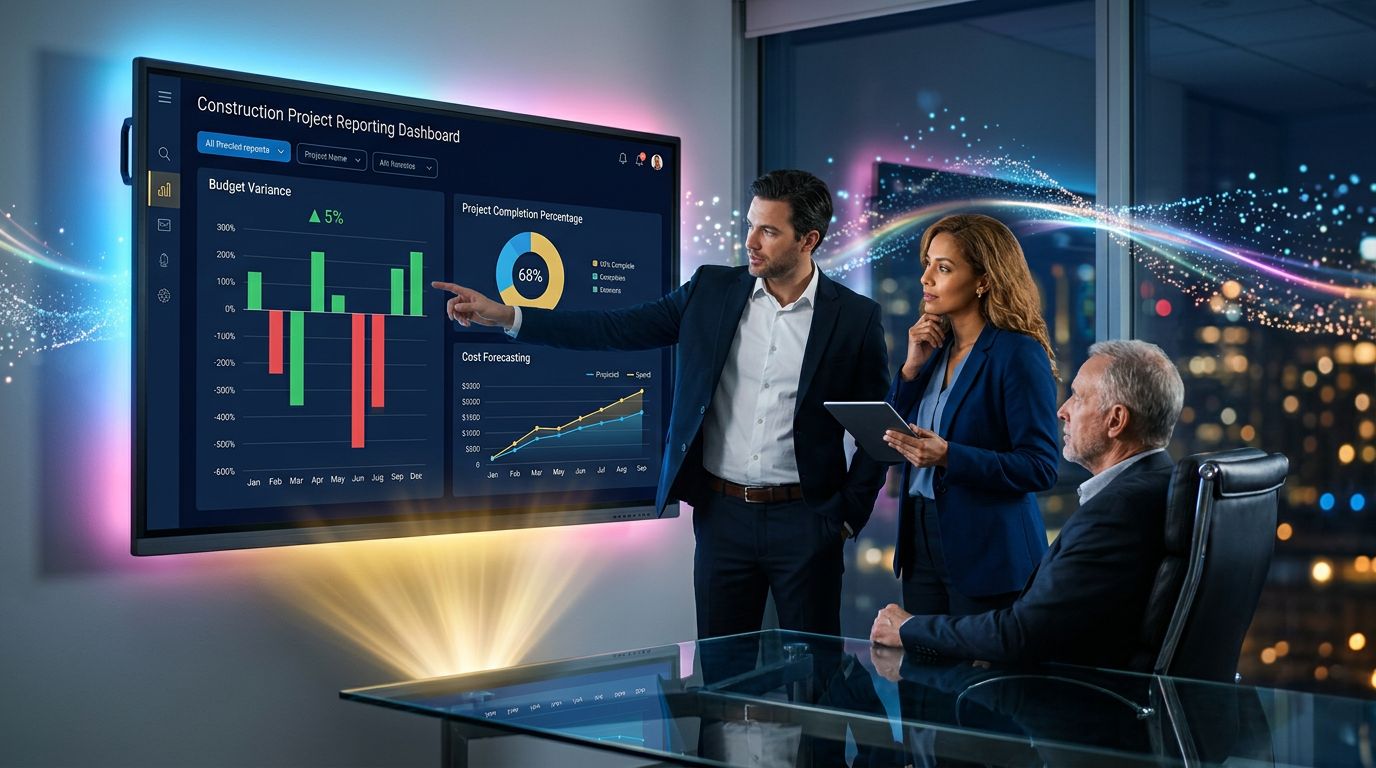 e-Builder reporting dashboard with key performance indicators and budget tracking