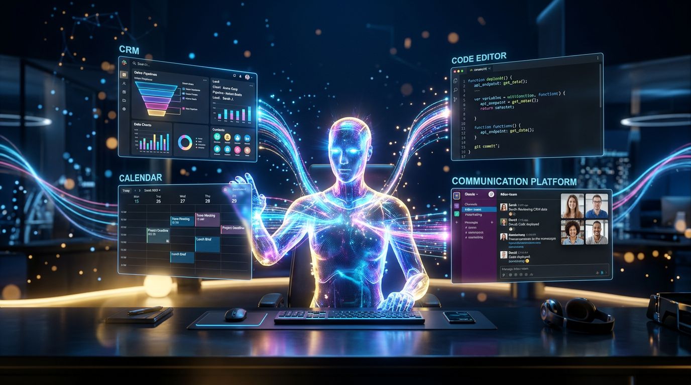 An autonomous AI agent orchestrating several business tools simultaneously in a futuristic digital work environment