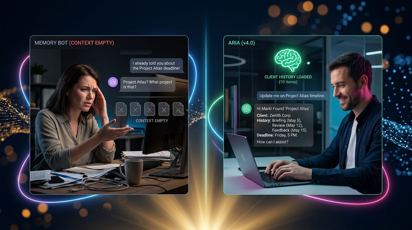 Comparison between an AI assistant without memory and Nova-Mind with persistent client and project memory