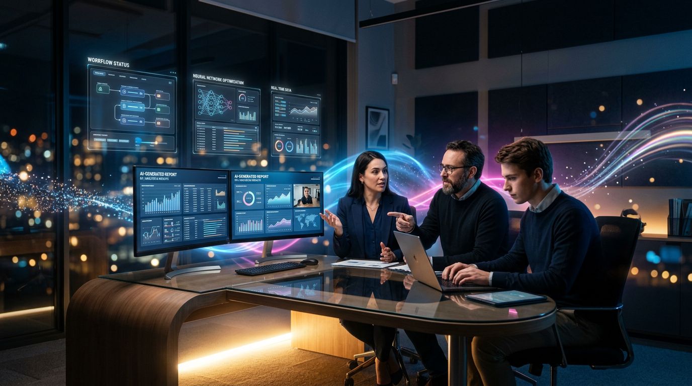 A small professional team supervising autonomous AI agents executing business workflows in the background