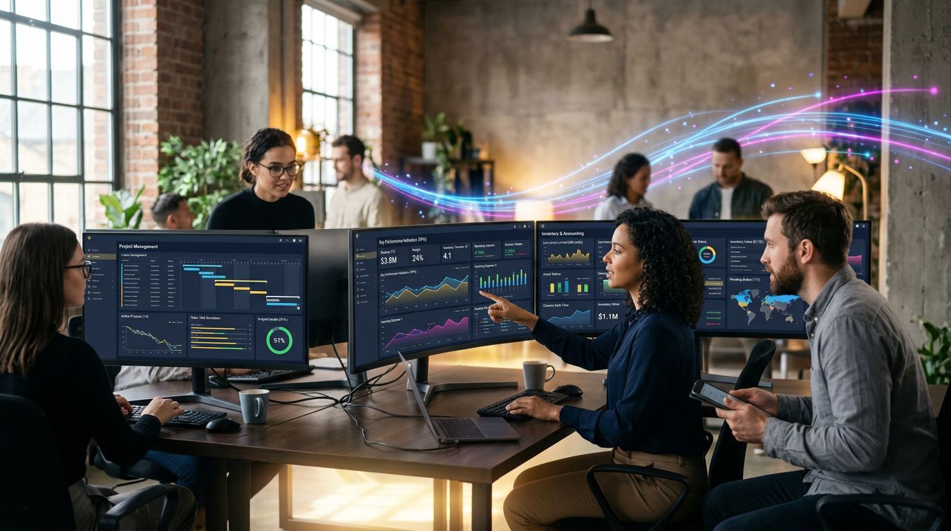Tableau de bord ERP intégré affichant en temps réel les données projet, comptabilité et inventaire
