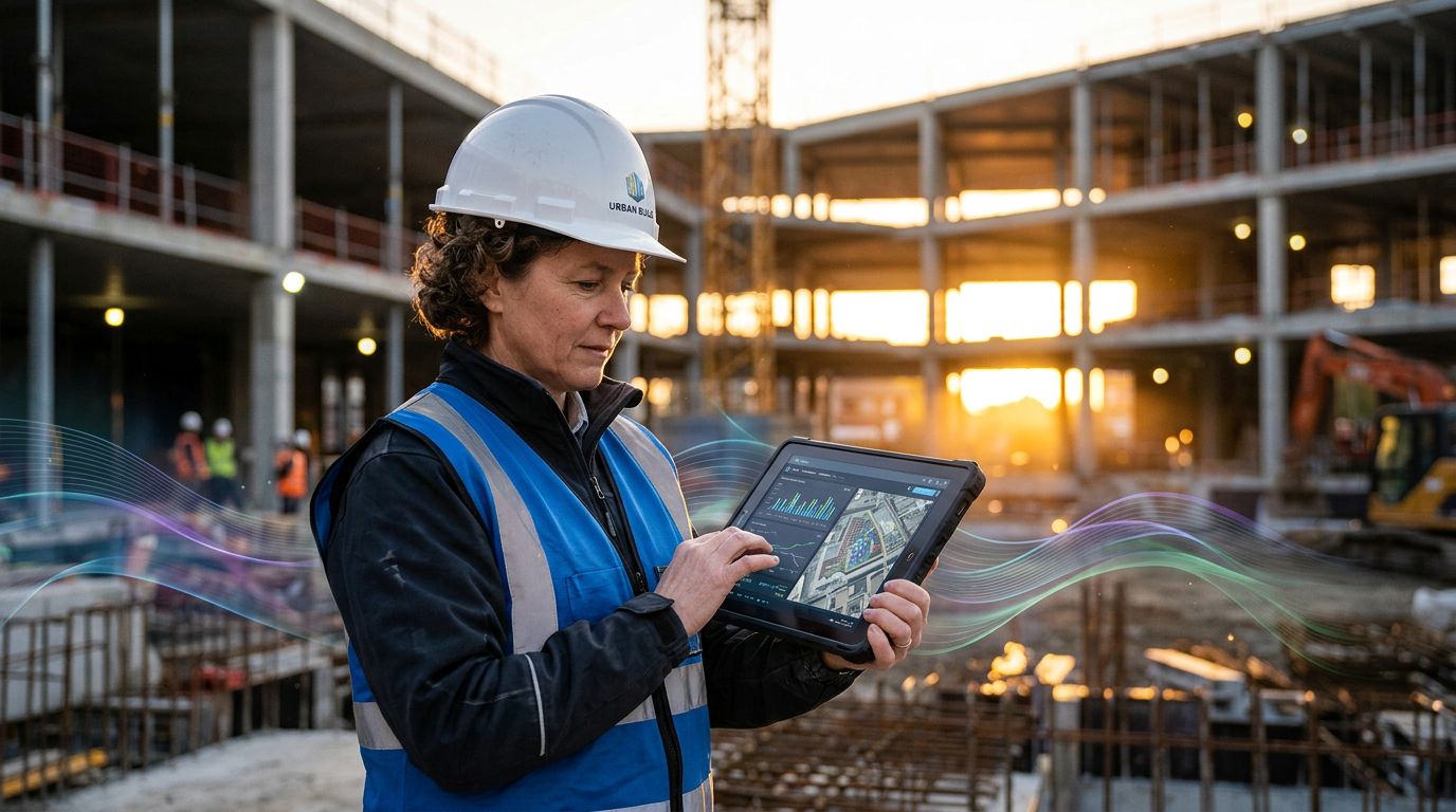 Chef de projet sur chantier consultant les données en temps réel sur tablette avec ERP intégré