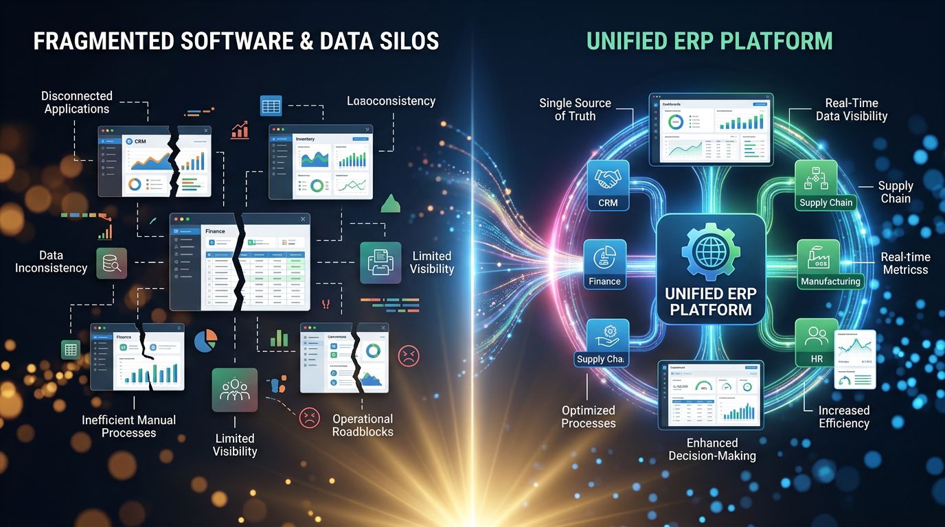 Comparaison entre outils fragmentés en silos et plateforme ERP intégrée avec flux de données unifié