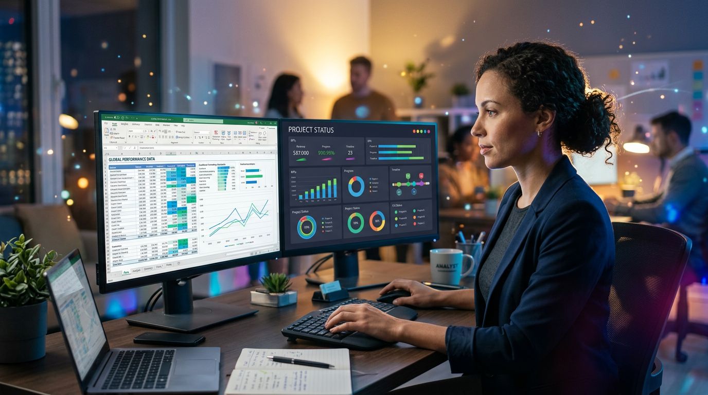 Professional analyst working on complex Excel spreadsheets with multiple data tabs and charts