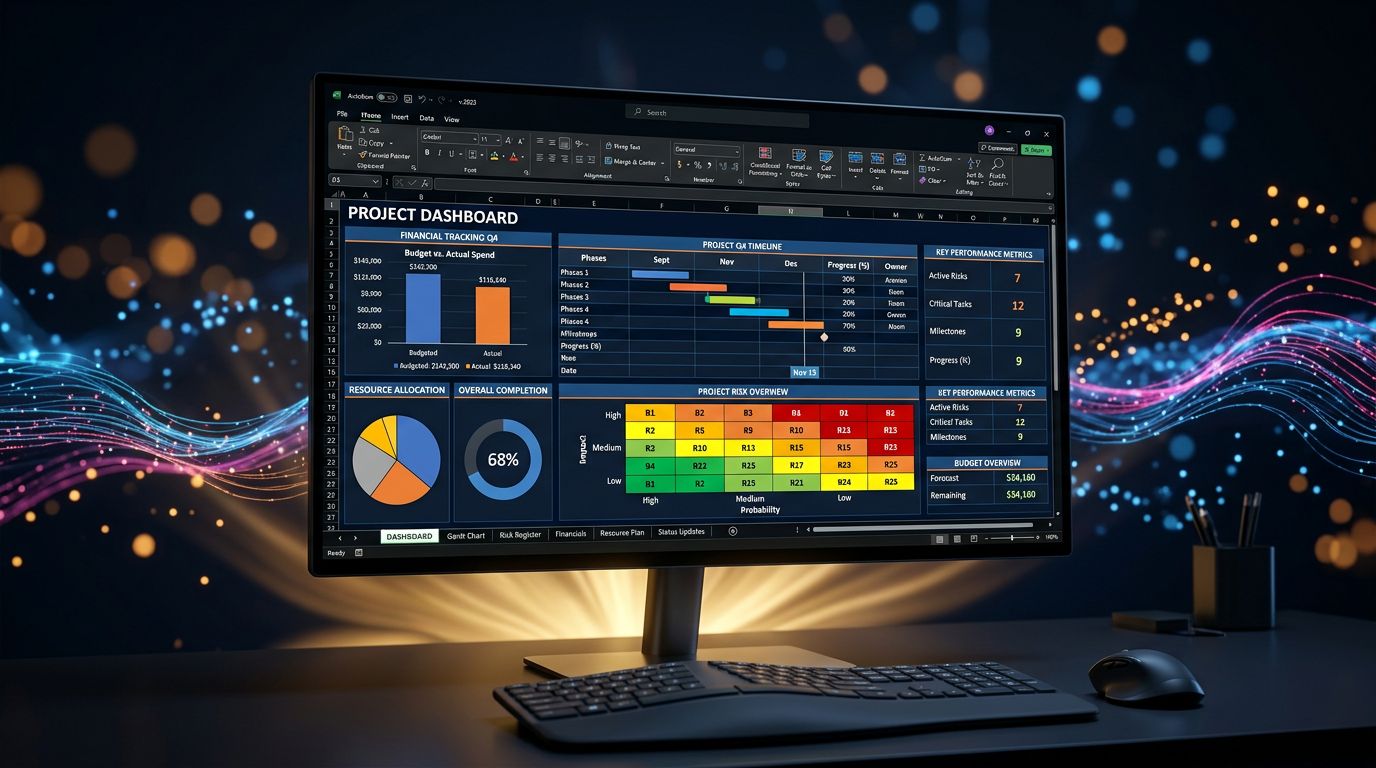 Excel project management dashboard with Gantt chart, risk matrix and financial tracking
