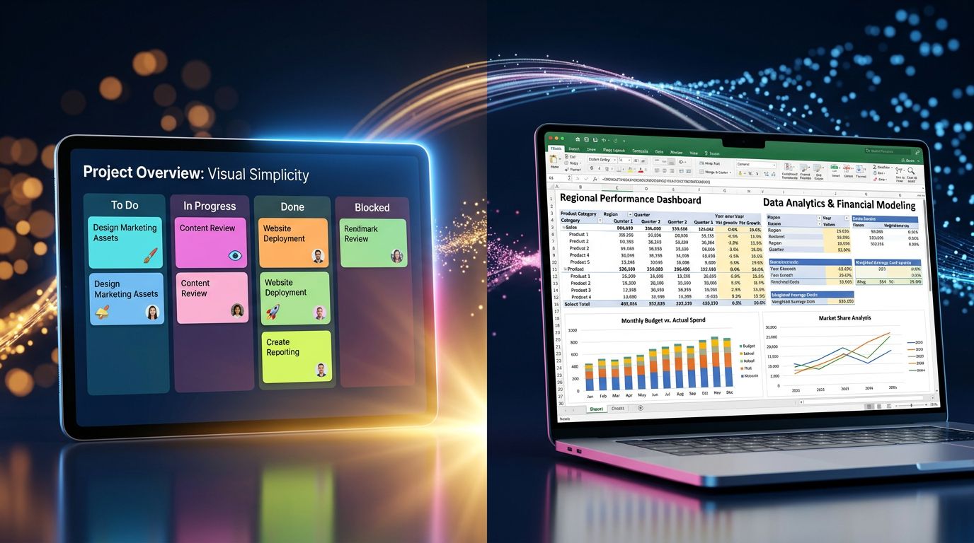Visual comparison between a simple Kanban board and a complex analytical Excel workbook