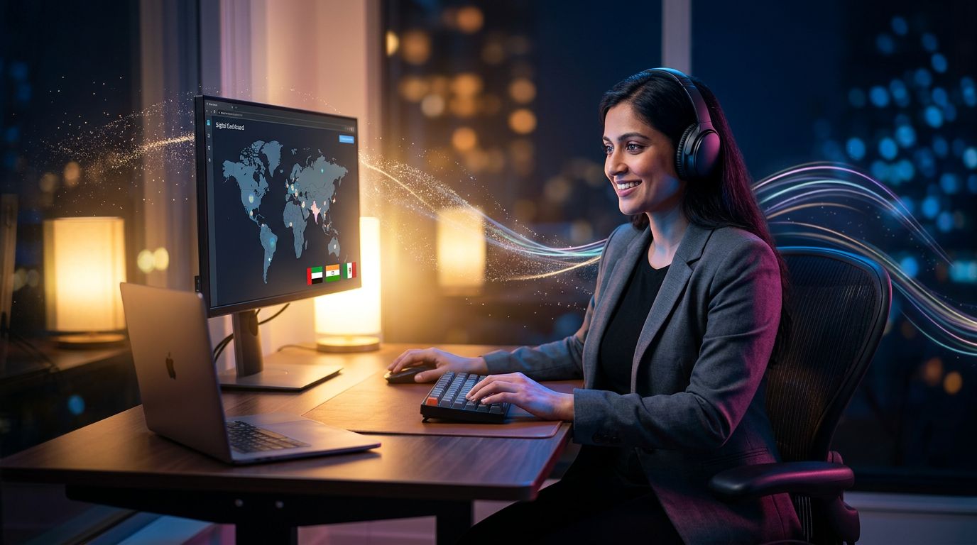 Un freelance travaillant sur plusieurs marchés internationaux avec une carte du monde numérique