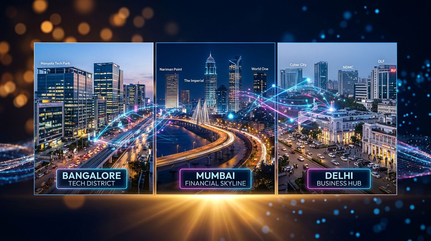 Carte des trois grandes métropoles indiennes Bangalore Mumbai Delhi avec connexions numériques