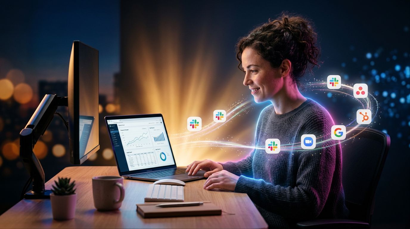 A freelancer analyzing SaaS expenses on a laptop screen with subscription icons visible