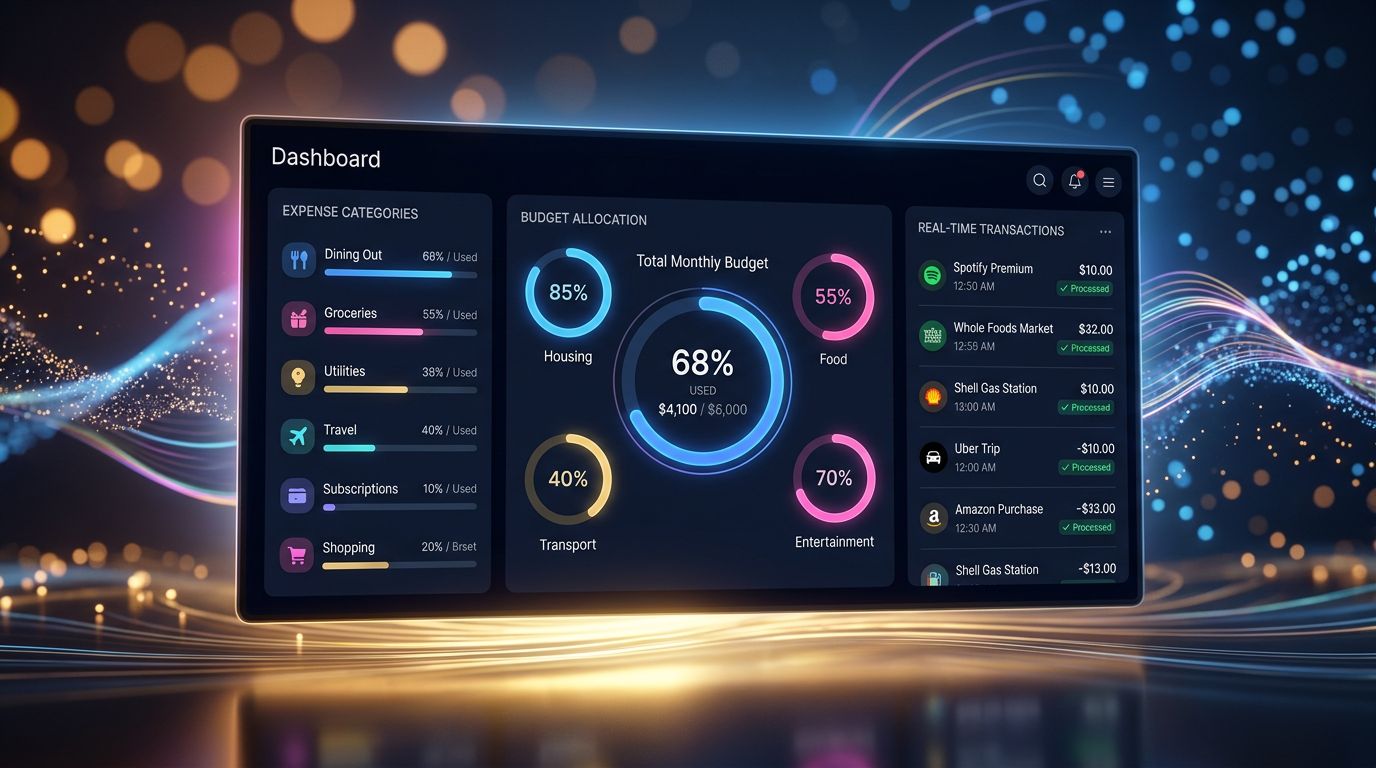 Expense management dashboard with budget charts and real-time transactions