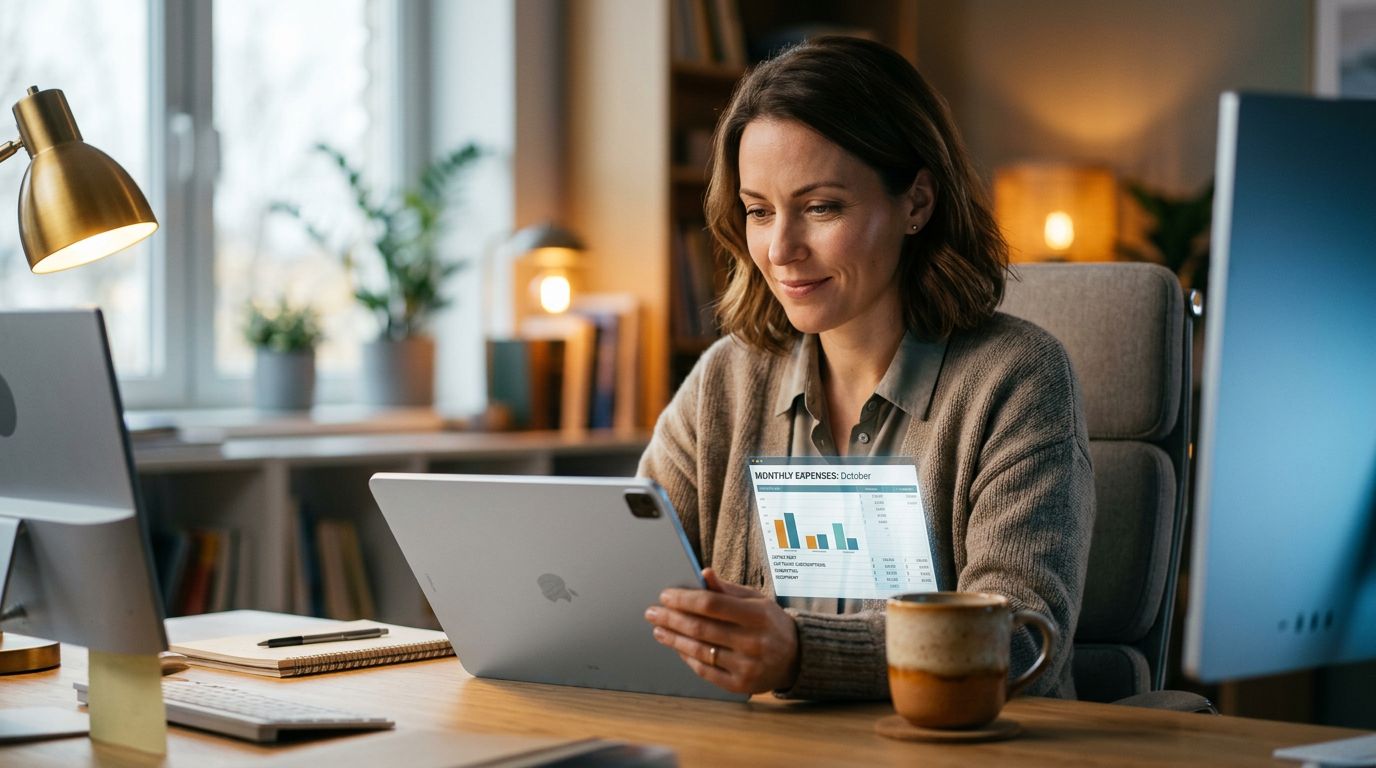 A solopreneur analyzing their monthly budget by category on a tablet in a home office