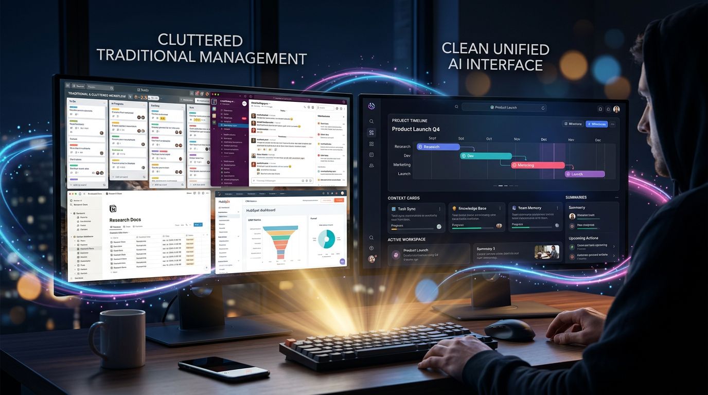 Interface de gestion de projet fragmentée versus interface unifiée avec IA et mémoire contextuelle