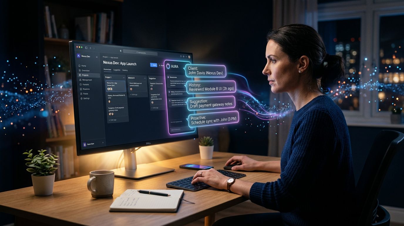 Freelance utilisant un assistant IA avec mémoire contextuelle et suggestions proactives sur ses projets