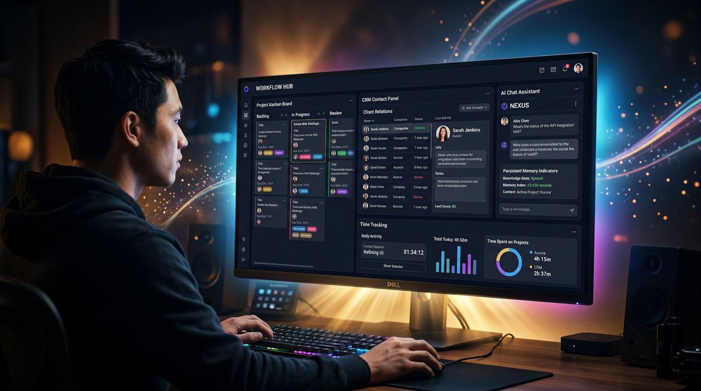Tableau de bord unifié combinant gestion de projets, CRM, assistant IA et suivi du temps