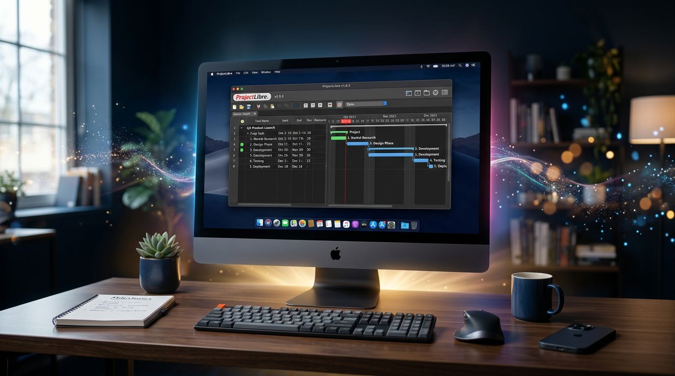 ProjectLibre interface open on Mac showing a Gantt chart