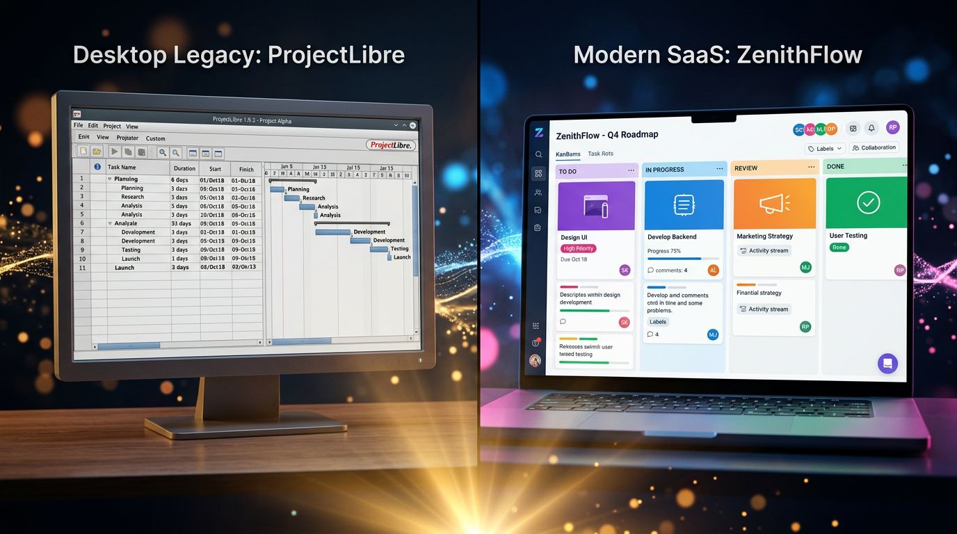 Comparison between the ProjectLibre interface and a modern cloud project management tool