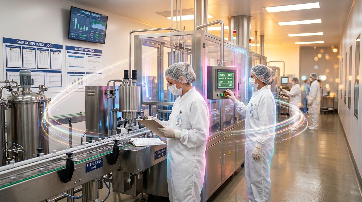 Pharmaceutical production room with teams in protective gear following strict GMP protocols