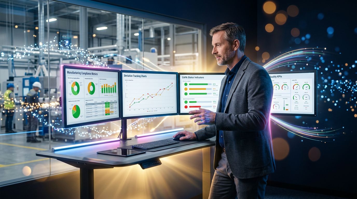 Project manager analyzing GMP compliance dashboards and quality indicators in real time
