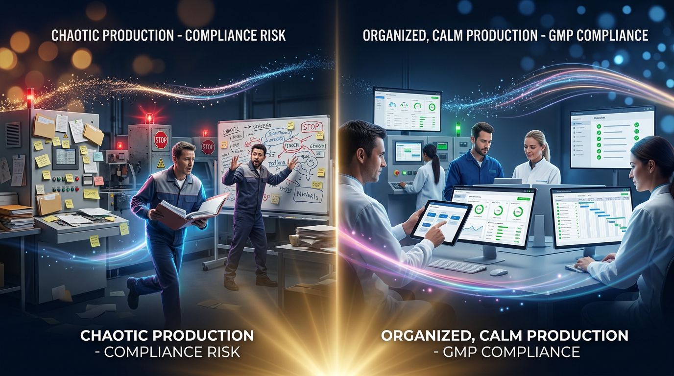 Comparison between chaotic project management without GMP and organized production with Good Manufacturing Practices