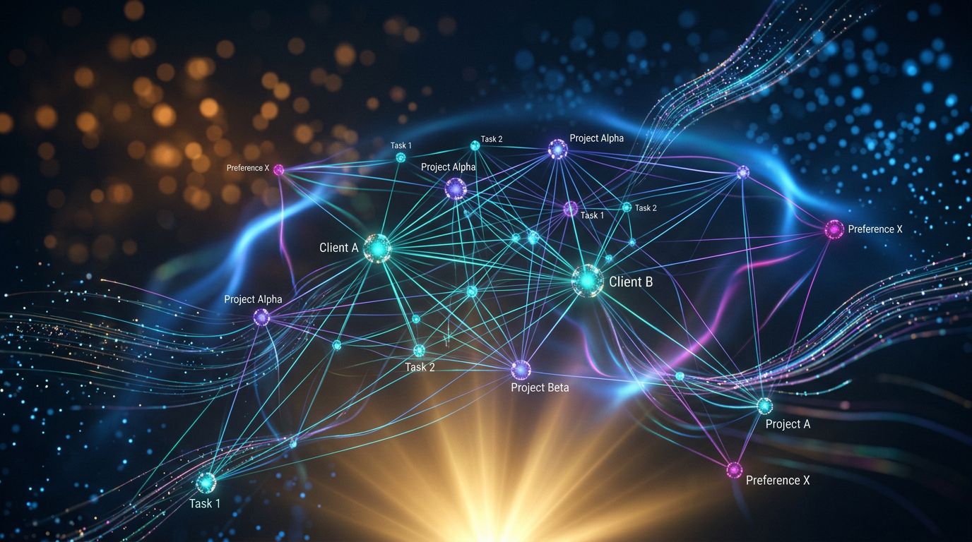 Visualization of an AI knowledge graph with connections between clients, projects, and preferences