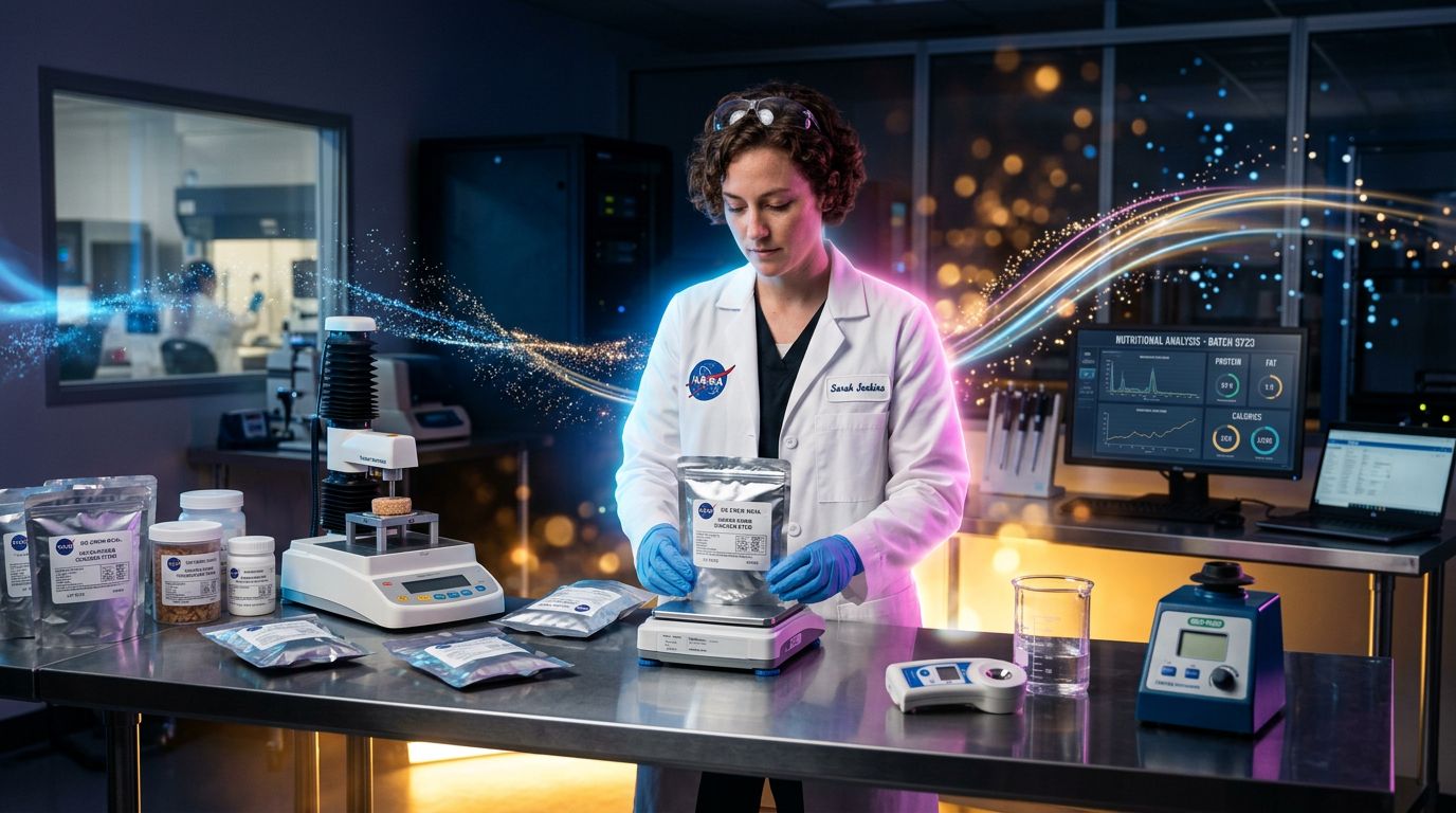 A scientist preparing freeze-dried meals for astronauts in a NASA laboratory