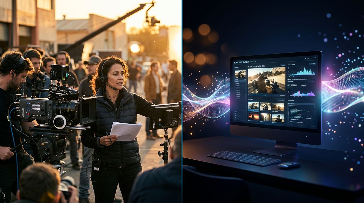 Contrast between a human director on a film set and an AI interface generating movie images