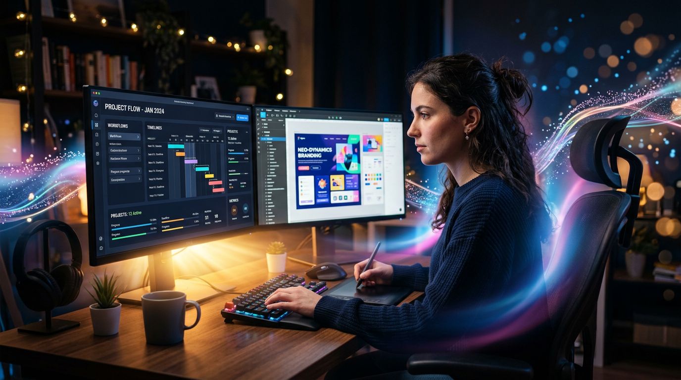 A freelancer working with an AI assistant on their daily creative workflow