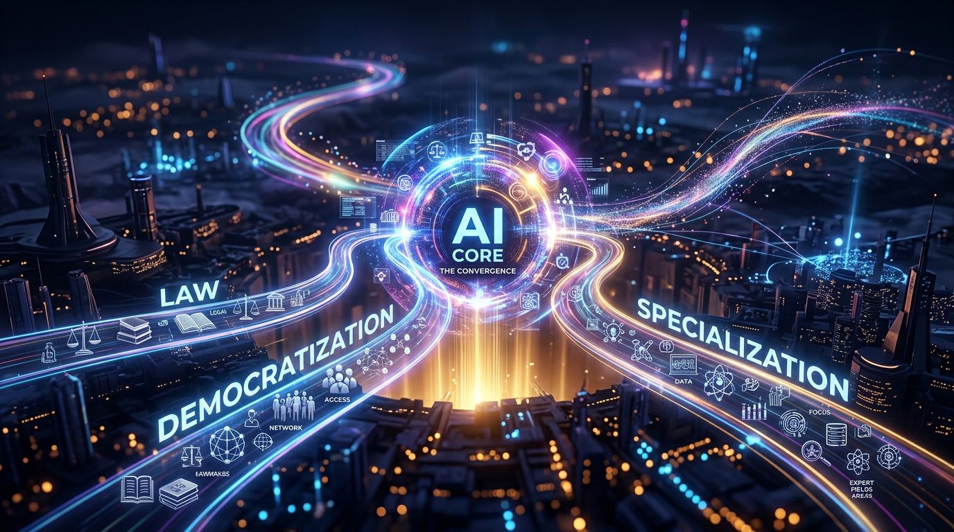 Illustration of the three AI dynamics: legal, democratization, and specialization