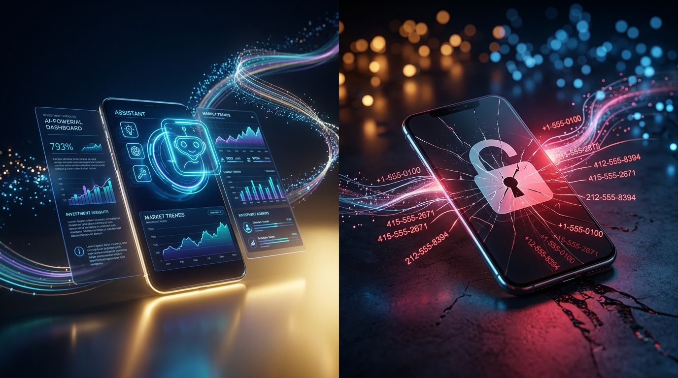 Illustration showing on one side innovative financial AI and on the other a personal data leak symbolized by a broken padlock