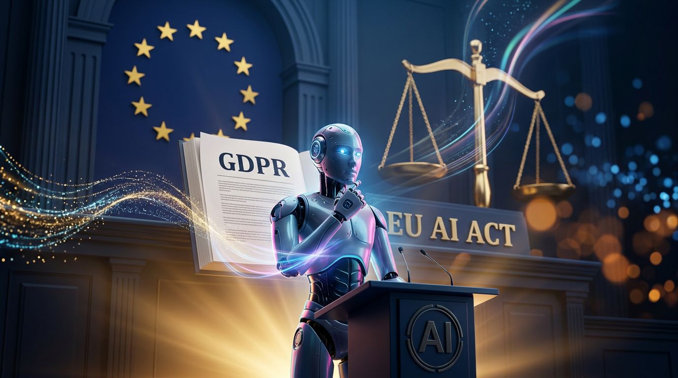 Conceptual illustration of an AI facing European GDPR and AI Act regulations, with a scale of justice