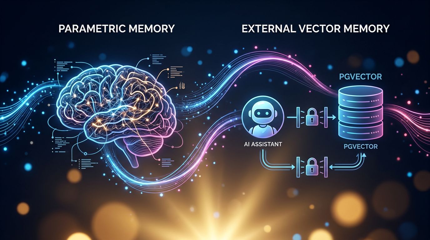 Diagram comparing parametric memory of an AI model and secured external vector memory with access controls