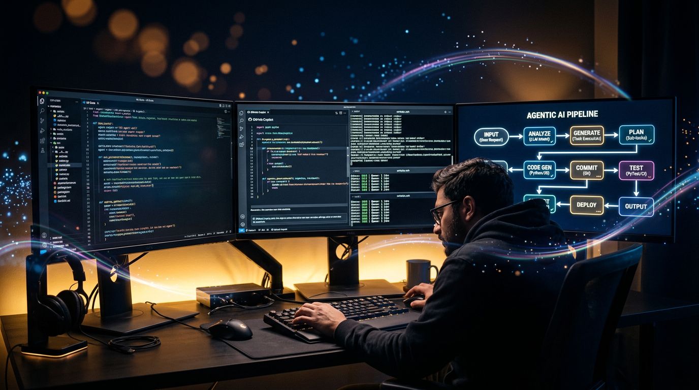 Développeur travaillant avec un pipeline d'agent IA pour générer et commiter du code automatiquement