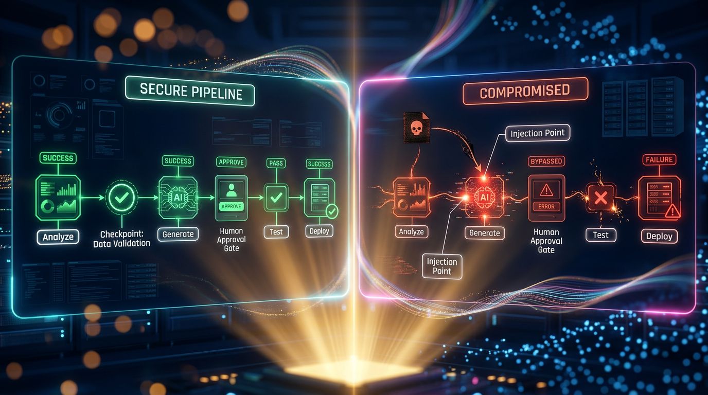 Comparaison d'un pipeline IA sécurisé avec checkpoints humains versus pipeline compromis par injection