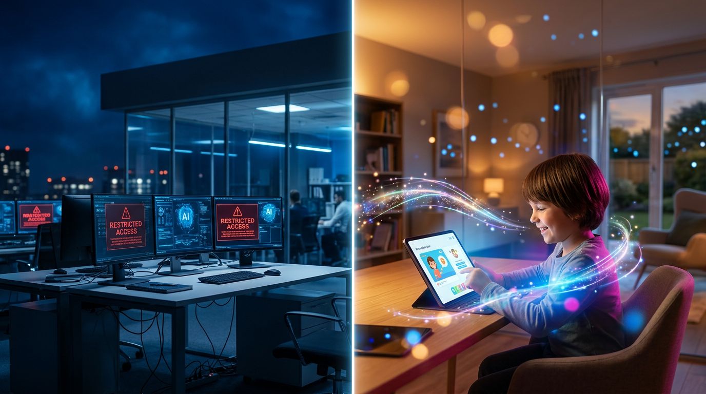 Image illustrating the paradox between restricting AI at work and adopting it in private education