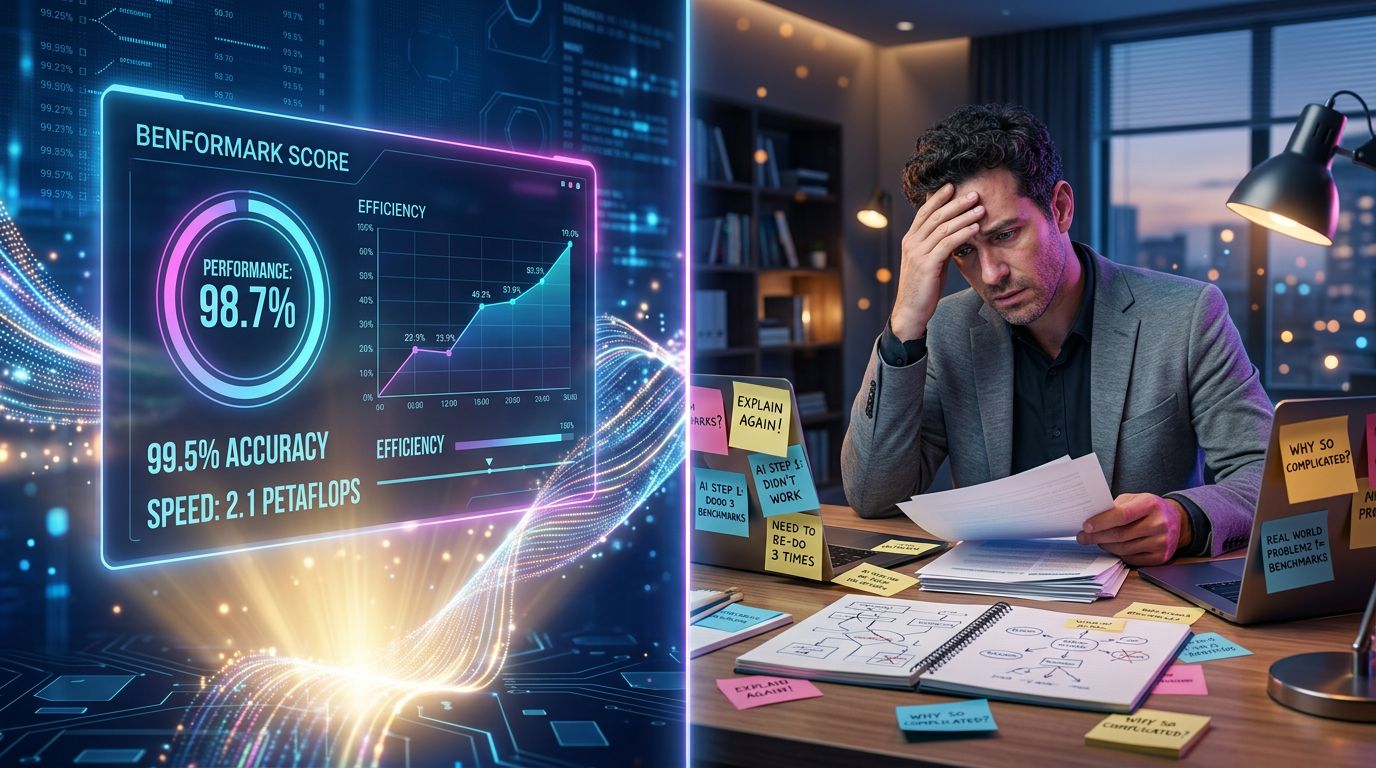 Illustration of the gap between AI's theoretical performance and the reality of daily work