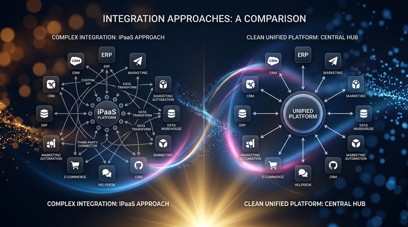 Comparison between a fragmented architecture with iPaaS and a unified platform with native integrations