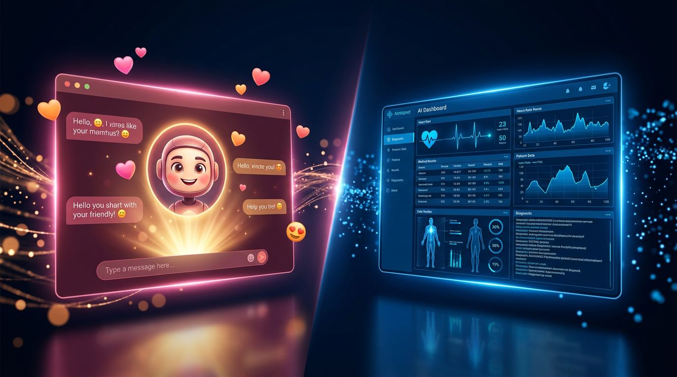 Illustration comparing an emotional chatbot and a cold but precise medical AI