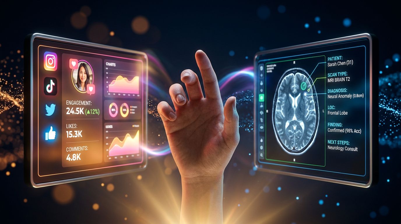 A human hand hesitating between an emotional AI and a precise medical AI
