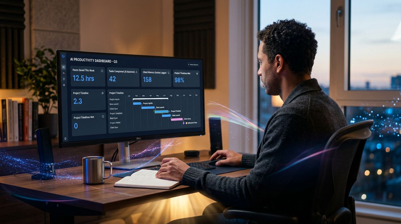 AI productivity dashboard with measurable metrics, no emotional frills