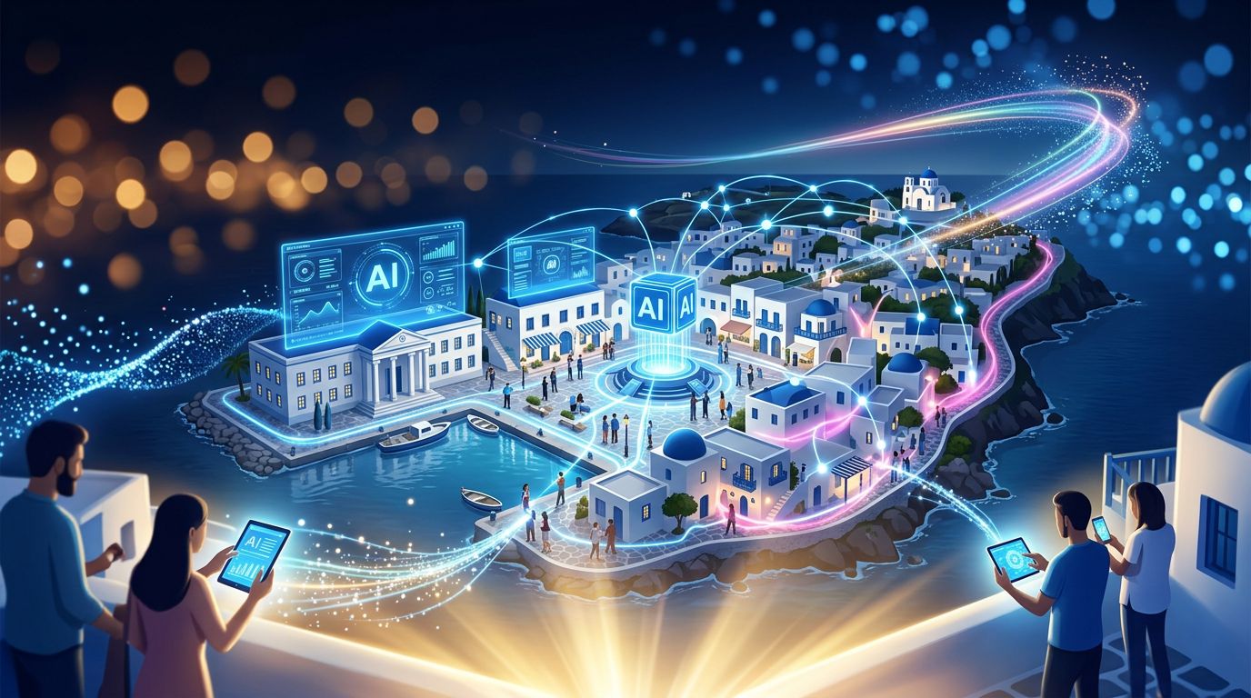 Visual representation of a national AI partnership connecting citizens and public services on a Mediterranean island