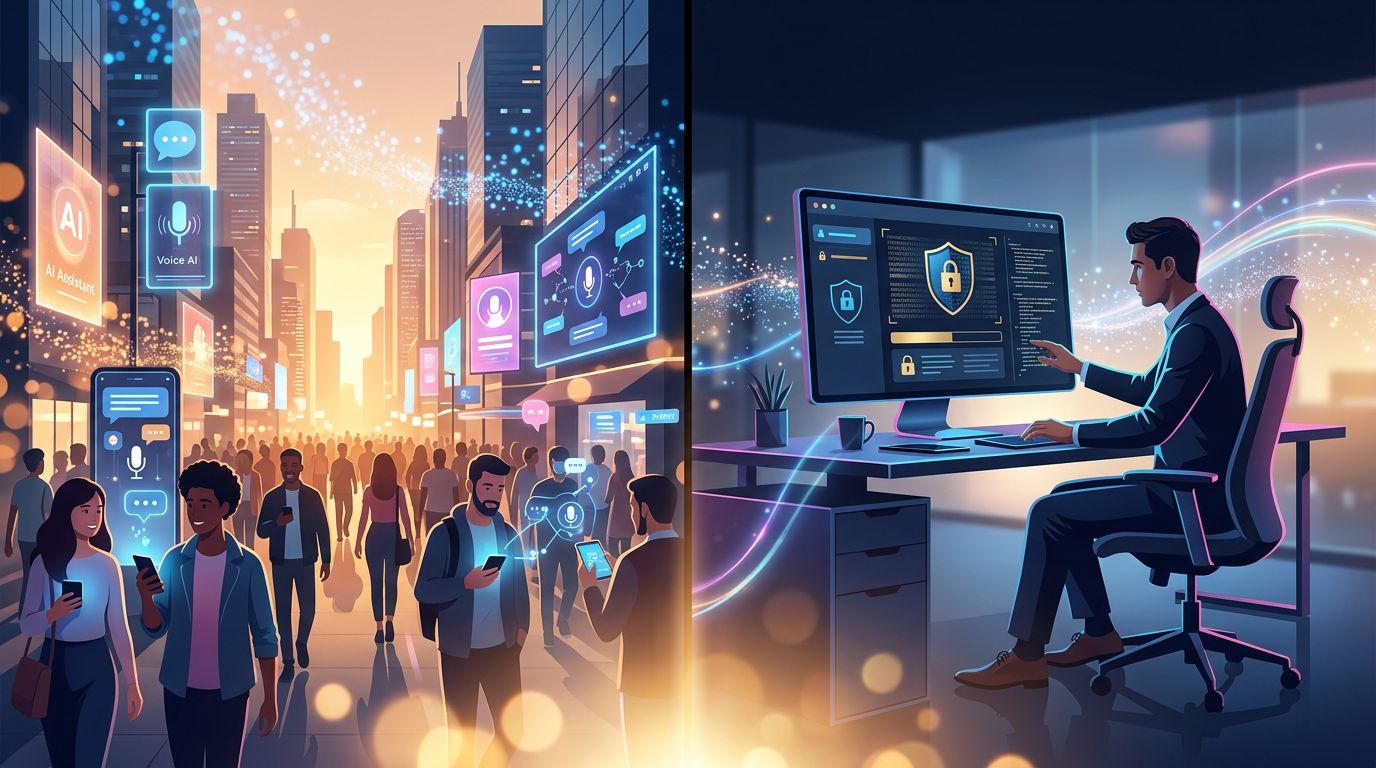Illustration contrasting mass AI adoption in a city with secure private usage in a professional environment